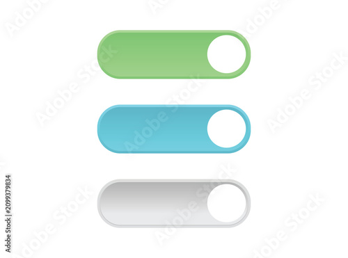 Toggle switch buttons in green blue and grey for modern mobile and web user interface design systems