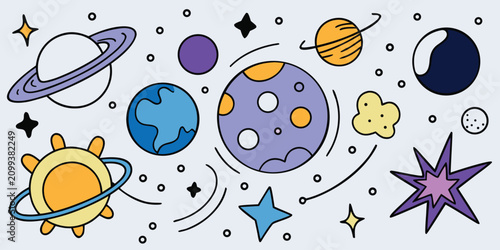 Fotografie Variety of cartoon planets and stars, vibrant space elements on light background