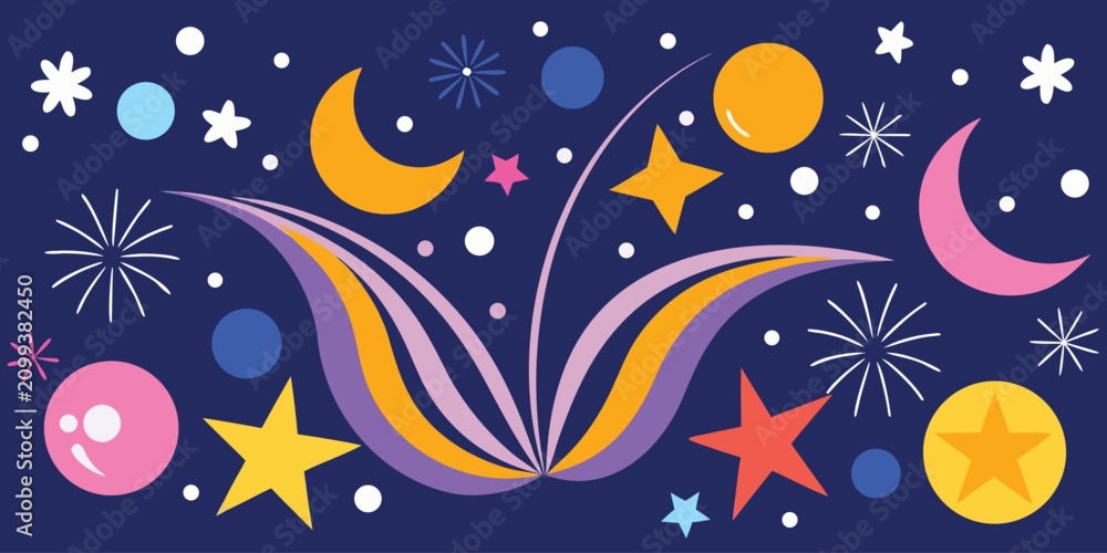 Fototapeta premium Magical space pattern with moons stars and planets on navy blue background.