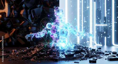 Digital Human Form emerging from circuit boards with glowing particles against futuristic neon lights