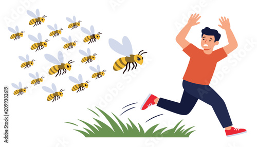 Bild auf Leinwand Scared young man running away from a swarm of angry stinging bees vector illustration concept on white background