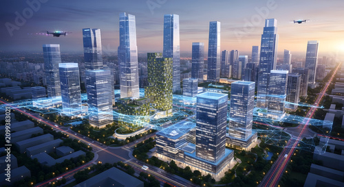 Modern cityscape with futuristic skyscrapers during twilight with aerial drones and glowing digital networks