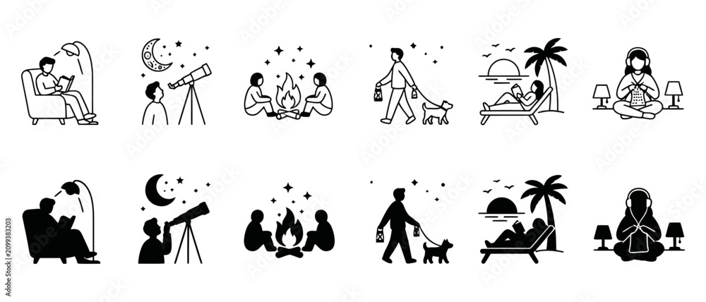 Obraz premium Leisure Activities Icon Collection for Outdoor Recreation, Family Lifestyle and Holiday Projects 