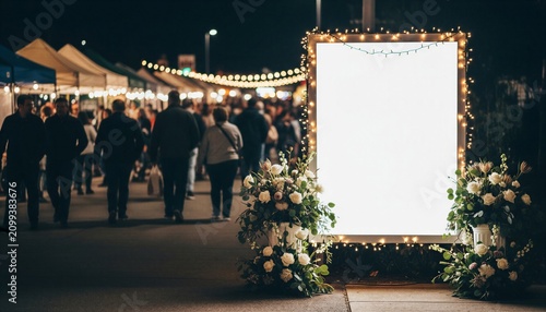 Blank illuminated advertising display mockup at night farmers market entrance with floral decorations