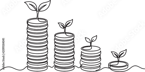Gold coins with green plant shoots sprouting from stacks, financial growth symbol