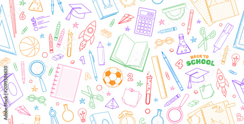 Back to school seamless pattern with colorful outline school supplies. Education vector background for stationery, fabric, wrapping paper, classroom decor and kids design. Line art illustration