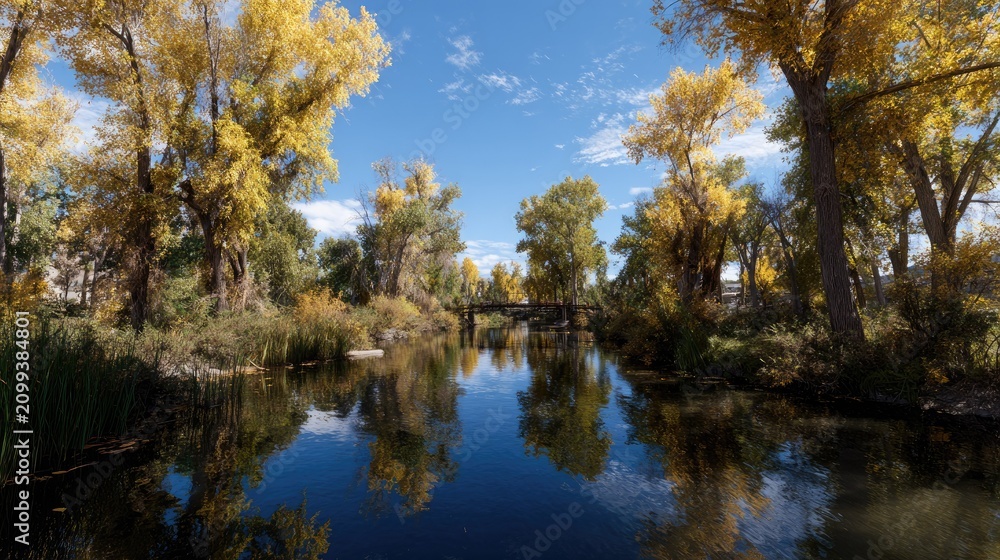 Obraz premium Golden autumn trees reflecting in a calm river.