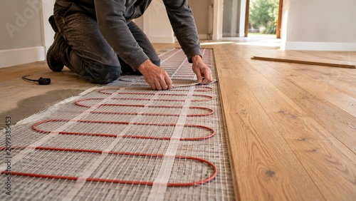 Professional installation of electric underfloor heating system beneath wooden flooring in a modern home. Energy-efficient radiant floor heating technology enhances indoor comfort, renovation projects