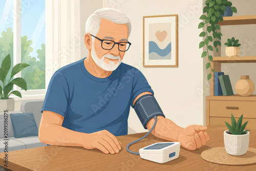 Senior man checking blood pressure using digital monitor at home. Hypertension diagnosis and cardiovascular disease management. Elderly patient health care monitoring and heart wellness.