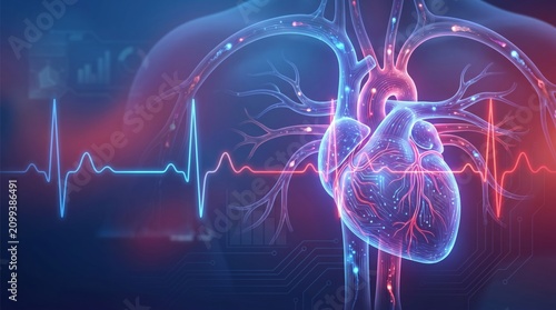 Human heart anatomy visualised with digital technology and heartbeat monitor wave. Cardiovascular disease health diagnostics. Futuristic medical concept for cardiology care and research.