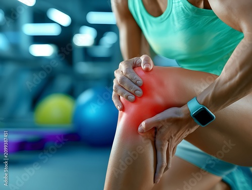Close-up of an athlete holding a painful, glowing red knee in a gym, symbolizing sports injury, physical limits, overtraining, and joint inflammation.