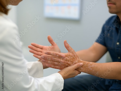 Doctor examining a male patient's hands with dry, scaling skin lesions, symbolizing dermatological disease, medical care, chronic illness, and vulnerable health.