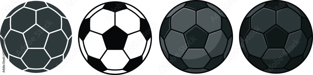 Fototapeta premium Soccer balls, football icons, black and white, sports symbols, vector graphics isolated on Transparent Background