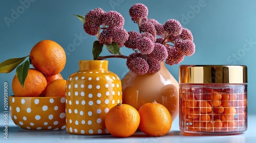 Stillleben mit gepunkteter Vase, rosa Blüten und Orangen vor blauem Hintergrund