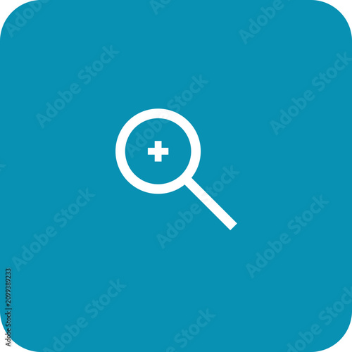 Medical search icon for healthcare and wellness apps. Digital magnifying glass examining a plus sign symbolizing health diagnostics.