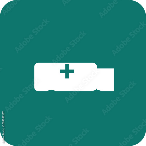 Emergency ambulance medical aid icon isolated on teal background. Vector healthcare rescue vehicle symbol for urgent care and paramedic services.