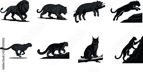 Foto Wild Big Cat Silhouette Vector Collection Featuring Lion, Tiger, Leopard, Panthe