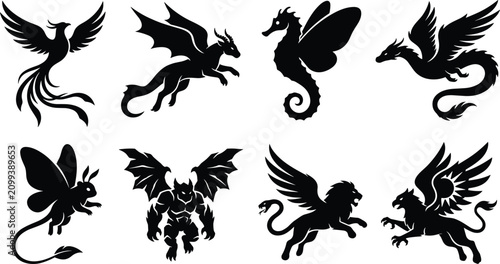 Εκτύπωση καμβά Mythical Creature Silhouette Collection with Dragon Griffin Phoenix Gargoyle and
