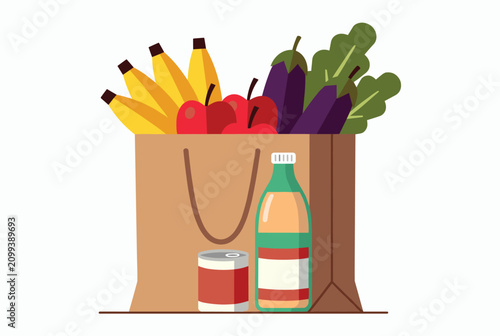 Brown paper shopping bag filled with fresh groceries including bananas, apples, eggplant, a can, and a bottle.