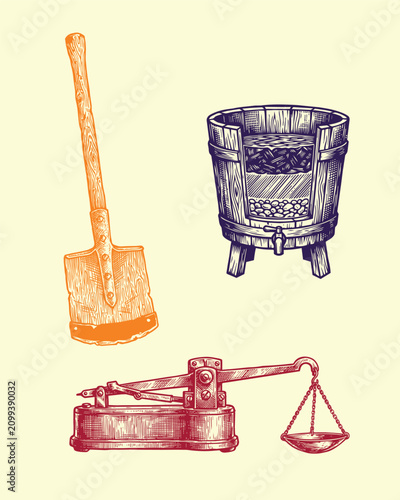 Cuadro en lienzo gold mining tool wild west set woodcut, wooden shovel pocket scale and water fil