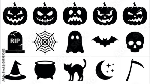Slika na platnu Halloween icons set with jack o lanterns, ghosts, and spooky symbols