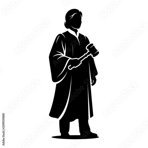 Foto Judge wearing traditional robes stands holding a wooden gavel to preside over the courtroom trial