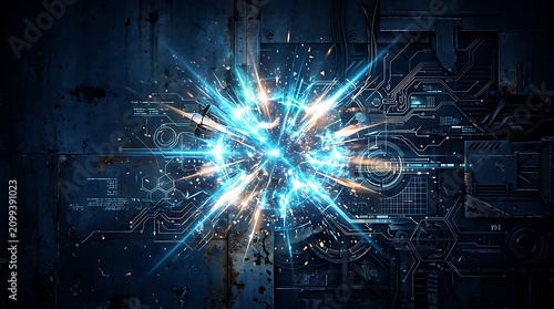 Futuristic energy burst with glowing sparks on circuit background