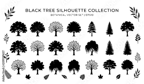 Tableau sur toile Design an original vector collection of 32 black leafy tree silhouettes isolated on a solid white background