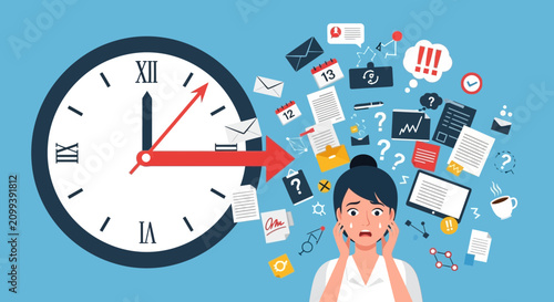 Young woman surrounded by colorful clock symbols and icons.