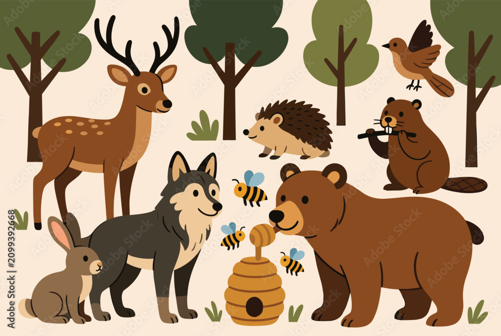 Naklejka premium Group of adorable cartoon forest animals including a bear, wolf, deer, hedgehog, and beaver around a beehive.
