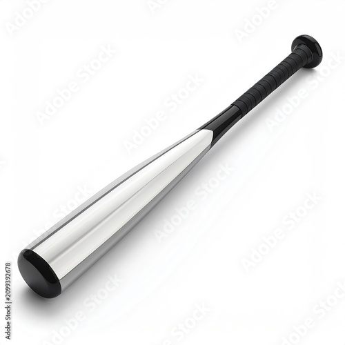 A polished metal baseball bat with a black grip rests on a white surface