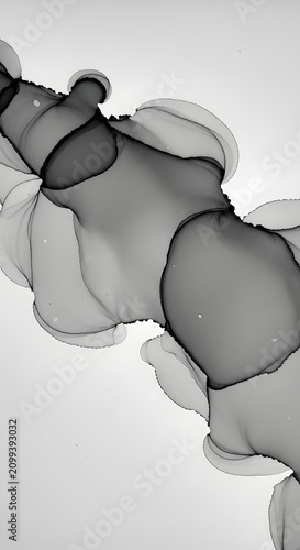 Abstract black and white ink wash painting with fluid flowing organic liquid shapes