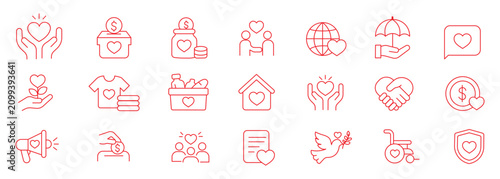 Charity editable line icons set.stroke outline donation support humanitarian healthcare volunteer community help symbols nonprofit social care.vector icon collection..