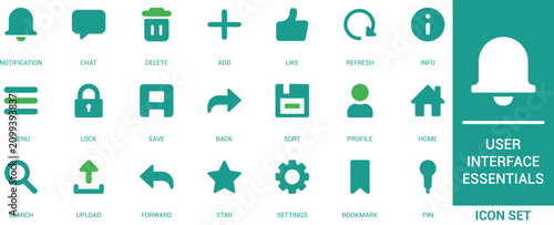 UI essentials vector flat icon set. Featuring web navigation button, mobile app system utility and internet menu interface.