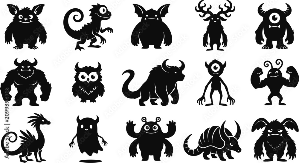 Obraz premium Collection of Cute Cartoon Monster Silhouettes for Creative Graphic Design and Childrens Projects