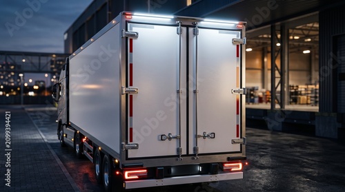 Modern White Refrigerated Truck Parked at Warehouse Loading Dock at Dusk with Lights On