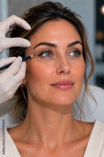 Cosmetic surgeon marking lower eyelid treatment area before blepharoplasty and eye rejuvenation