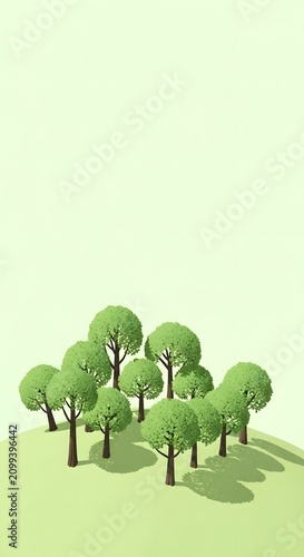 Minimalist isometric illustration of a small forest on a green hill for design