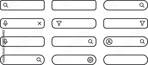 Set of web UI search bars with diverse control and utility icons interface components elements settings microphone navigation application internet