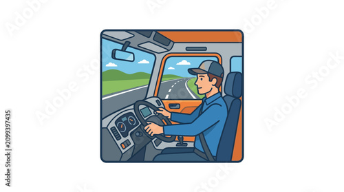 Man drives a truck on a scenic road through green hills