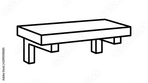 Foto Simple black and white line drawing of a rectangular wooden bench or low table with four sturdy legs, depicted in a minimalist style
