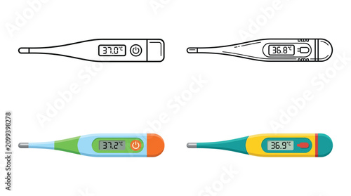Digital Thermometer Illustrations With Temperature Readings Vector Silhouette