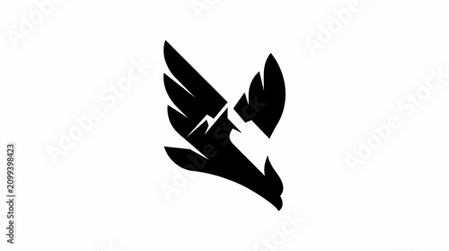 Minimalist vector logo illustration of a majestic bird soaring with a mountain silhouette incorporated into its wings 