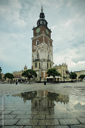 Town Hall Tower in a rainy day in Main Market Square, Krakow, Poland