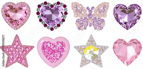 A collection of pink and purple gemstones on transparent background