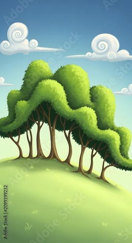 Stylized illustration of a lush green forest on a rolling hill under blue sky
