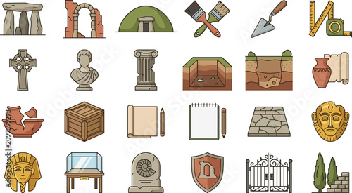 Photos Archaeology and ancient history vector icon set featuring ruins statues pottery
