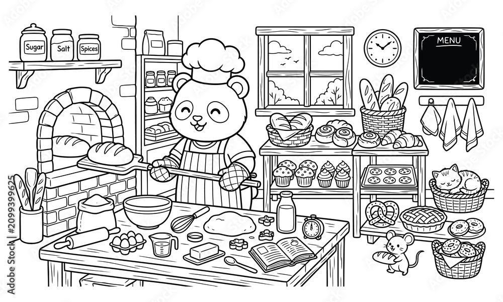 Obraz premium Charming bakery scene with panda chef a detailed coloring page illustration