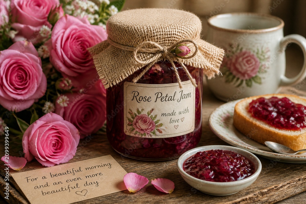 Naklejka premium A jar of rose petal jam sits next to a slice of toast with jam spread on it. Fresh pink roses are nearby. A note says for a beautiful morning and an even more beautiful day.