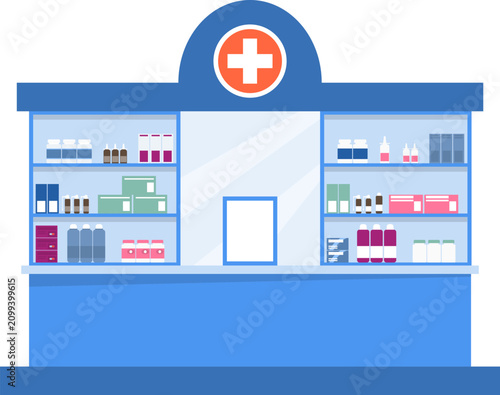 Pharmacy counter vector illustration with medicine shelves isolated on white background flat design icon